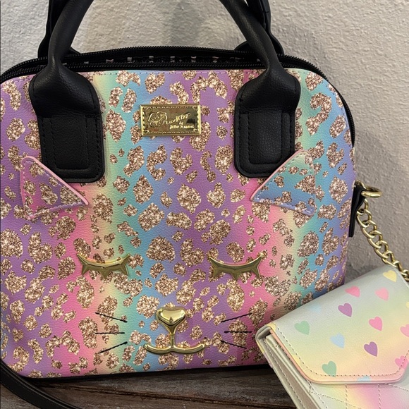 Luv Betsey Johnson Dome Pastel Kitty Cat Print Bag RARE good used + wallet - Picture 2 of 7